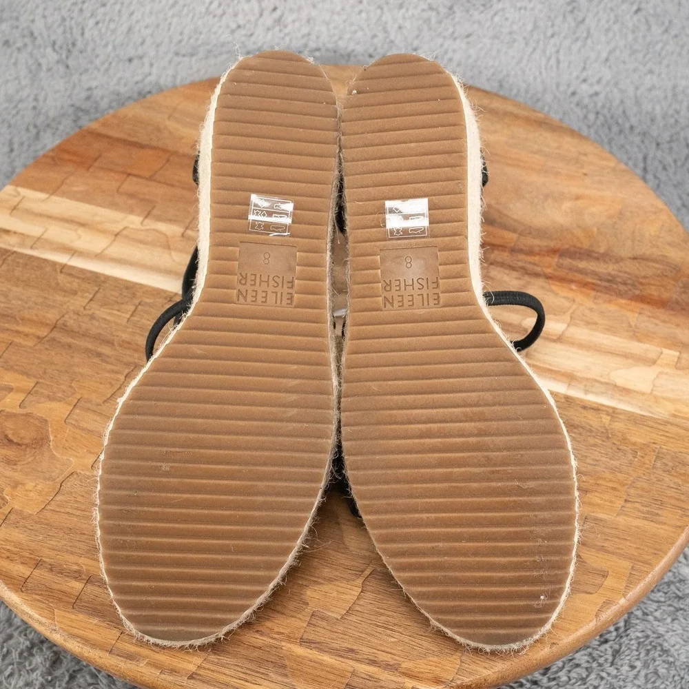 Eileen Fisher Largo‎ Black Tumbled Nubuck Leather Espadrille Wedge Sandal 8